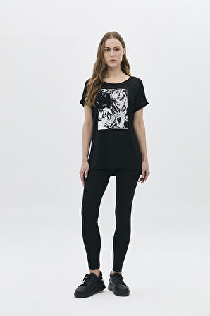 Daido Kadın Bisiklet Yaka Düşük Kol Önü Payet Baskılı Bluz 5832 Siyah