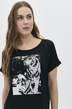 Daido Kadın Bisiklet Yaka Düşük Kol Önü Payet Baskılı Bluz 5832 Siyah