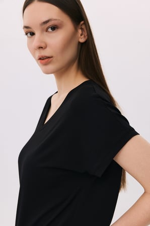 Daido Kadın V Yaka Kısa Kollu Penye T-Shirt 6201 Siyah