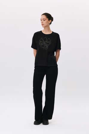 Daido Kadın Yuvarlak Yaka Kısa Kollu Desenli T-Shirt 6217 Siyah