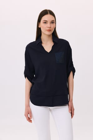 Daido Kadın Polo Yaka Truvakar Kol Bluz 6258 Lacivert