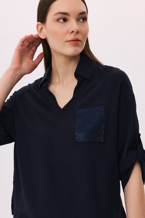 Daido Kadın Polo Yaka Truvakar Kol Bluz 6258 Lacivert