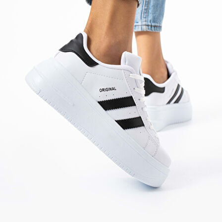 Beyaz-Siyah Kadın Yüksek Taban Günlük Spor Ayakkabı