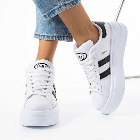 Beyaz-Siyah Kadın Yüksek Taban Günlük Spor Ayakkabı