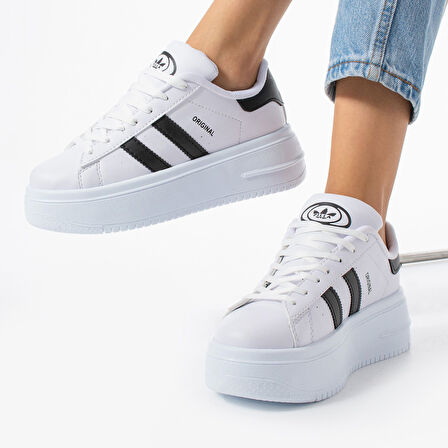 Beyaz-Siyah Kadın Yüksek Taban Günlük Spor Ayakkabı