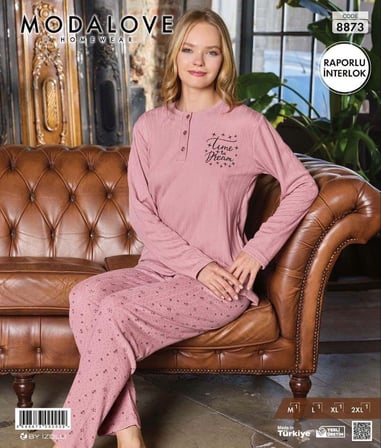 Modalove Kadın Raporlu İ̇Nterlok Kumaş Kışlık Uzun Kol Pijama Takımı 8873