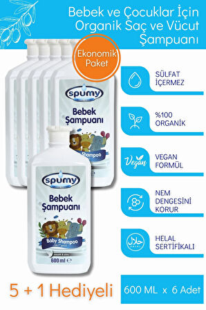 Organik Sertifikalı 5+1 Hassas Saç Ve Vücut Bebek Şampuanı Ekonomik Paket- 600 ml x 6