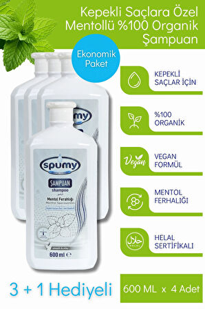 Mentol Ferahlığı Kepekli Saçlara Özel 3+1 Organik Şampuan - 600 ml x 4