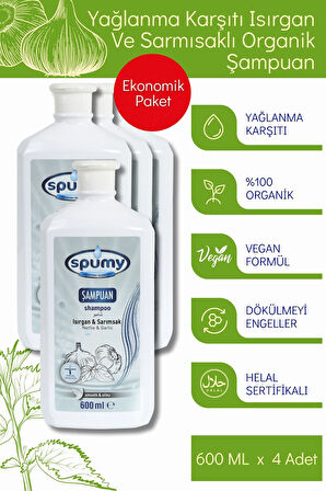 Yağlanma ve Dökülme Karşıtı Isırgan Ve Sarmısaklı 3+1 Organik Şampuan - 600 ML x 4