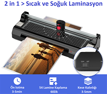 Baove OCW380 A3 Laminasyon Makinesi ve Kağıt Kesme Makinesi + 10 Pvc Filmi