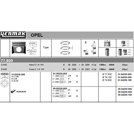Opel Motor Piston Segman Komple 0,50 (78,10mm) Corsa C – Astra G – Z14xe - Yenmak 31-04230-050