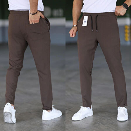Erkek Kahverengi Slim Fit Rahat Kesim Beli Bağlamalı Yan Cepli Likralı Jogger Pantolon