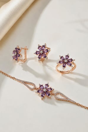 Gümüş Pazarım Ametist Taşlı Aster Çiçeği Gümüş Set