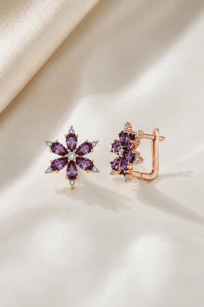 Gümüş Pazarım Ametist Taşlı Aster Çiçeği Gümüş Küpe