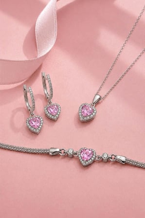 Gümüş Pazarım Pembe Taşlı Kalp Gümüş Üçlü Set