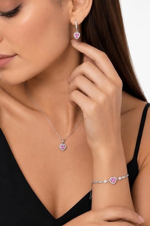 Gümüş Pazarım Pembe Taşlı Kalp Gümüş Üçlü Set