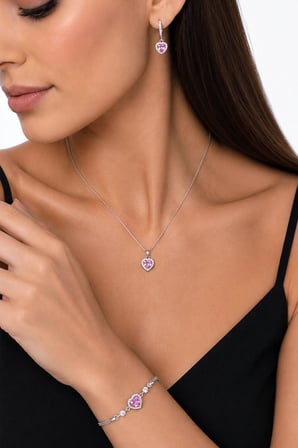 Gümüş Pazarım Pembe Taşlı Kalp Gümüş Üçlü Set