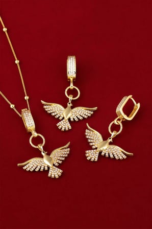 Gümüş Pazarım Altın Kaplama 925 Ayar Gümüş Top Zincirli Anka Kuşu Kolye Küpe Set