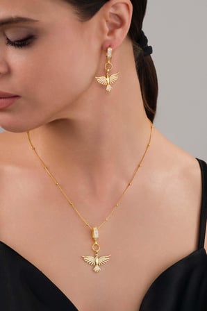Gümüş Pazarım Altın Kaplama 925 Ayar Gümüş Top Zincirli Anka Kuşu Kolye Küpe Set