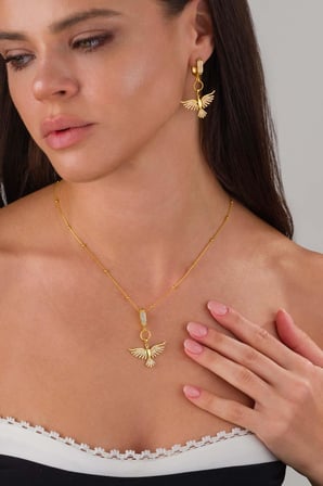 Gümüş Pazarım Altın Kaplama 925 Ayar Gümüş Top Zincirli Anka Kuşu Kolye Küpe Set