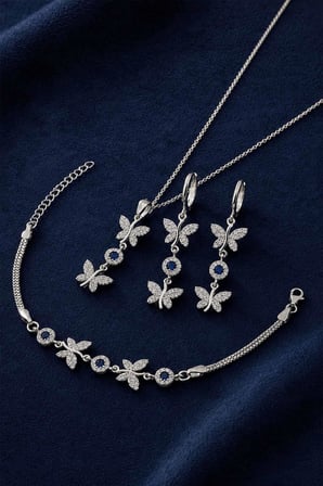 Gümüş Pazarım Safir Taşlı Kelebek Motifli Gümüş Set