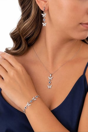 Gümüş Pazarım Safir Taşlı Kelebek Motifli Gümüş Set