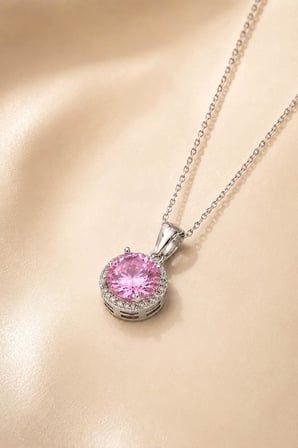 Gümüş Pazarım Pembe Zirkon Yuvarlak Kesim Gümüş Kolye