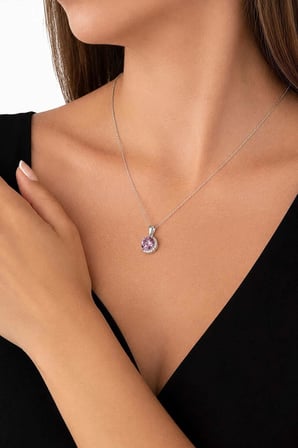 Gümüş Pazarım Pembe Zirkon Yuvarlak Kesim Gümüş Kolye