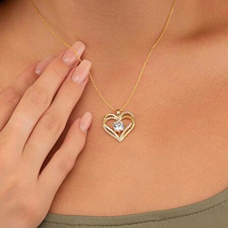 Gümüş Pazarım BeyazTaşlı Altın Kaplama Kalp Gümüş Kolye