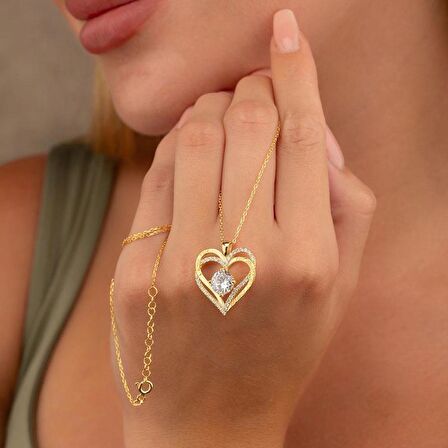 Gümüş Pazarım BeyazTaşlı Altın Kaplama Kalp Gümüş Kolye