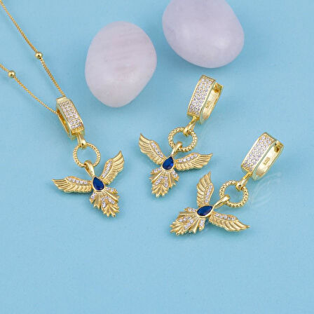 Gümüş Pazarım Safir Taşlı Altın Kaplama Anka Kuşu 925 Ayar Gümüş Set