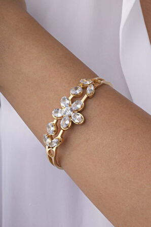 Zirkon Taşlı Yonca Altın Kaplama Çelik Kelepçe Bileklik