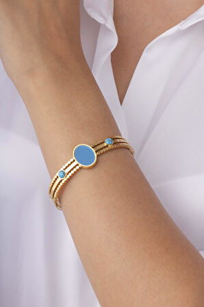 Firuze Taşlı 3 Sıra Altın Kaplama Kadın Kelepçe Bileklik
