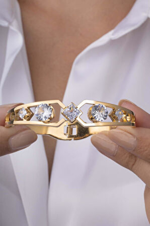 Gümüş Pazarım Elmas Model Altın Kaplama Kadın Çelik Kelepçe Bileklik