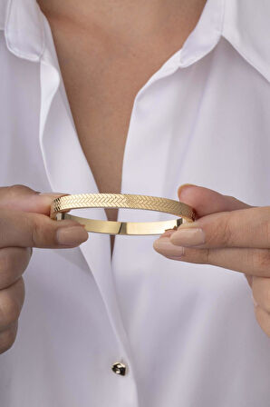 Gümüş Pazarım İşlemeli Bilezik Model Altın Kaplama Çelik Kadın Kelepçe Bilezik