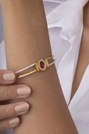 Gümüş Pazarım Kırmızı Taşlı Çift Şeritli Altın Kaplama Kadın Çelik Kelepçe Bileklik