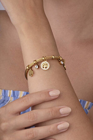 Hasır Model Hayat Ağacı Figürlü Altın Kaplama Çelik Kadın Charm Bileklik