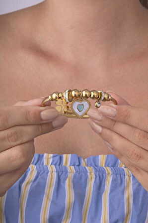 Kalp Yonca Figürlü Altın Kaplama Çelik Kadın Charm Bileklik