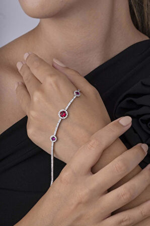 Gümüş Pazarım Yuvarlak Kırmızı Taşlı Üçlü Su Yolu Kadın Gümüş Bileklik