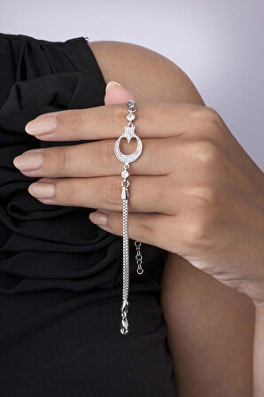 Gümüş Pazarım Ay Yıldız 925 Ayar Gümüş Beyaz Altın Kaplama Kadın Bileklik