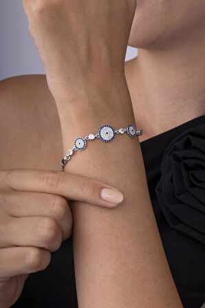 Gümüş Pazarım Üçlü Nazar Boncuğu Beyaz Altın Kaplama 925 Ayar Gümüş Kadın Bileklik