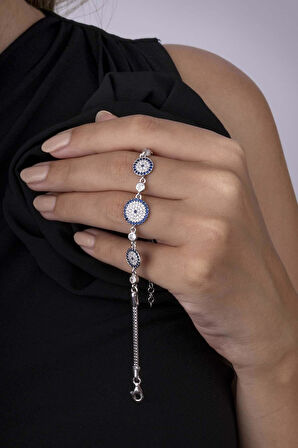 Gümüş Pazarım Üçlü Nazar Boncuğu Beyaz Altın Kaplama 925 Ayar Gümüş Kadın Bileklik