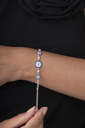 Gümüş Pazarım Üçlü Nazar Boncuğu Beyaz Altın Kaplama 925 Ayar Gümüş Kadın Bileklik