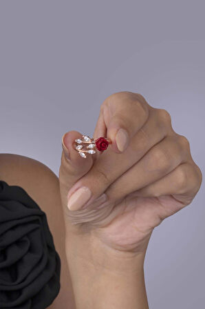 Gümüş Pazarım Yaprak Geçişli Kırmızı Gül 925 Ayar Gümüş Kadın Yüzük