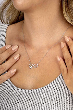 Gümüş Pazarım Beyaz Altın Kaplama Sonsuzluk Kalp Papatya Üçlüsü Kadın Gümüş Kolye