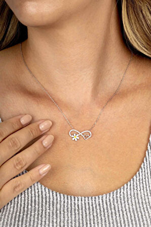 Gümüş Pazarım Beyaz Altın Kaplama Sonsuzluk Kalp Papatya Üçlüsü Kadın Gümüş Kolye