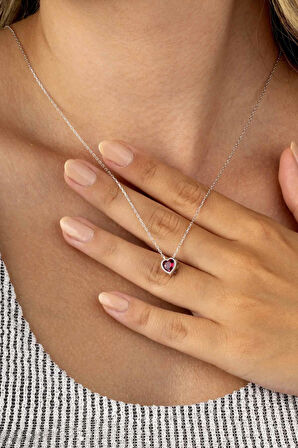 Gümüş Pazarım Kırmızı Taşlı Beyaz Altın Kaplama Minimal Kalp Kadın Gümüş Kolye