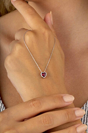 Gümüş Pazarım Kırmızı Taşlı Beyaz Altın Kaplama Minimal Kalp Kadın Gümüş Kolye