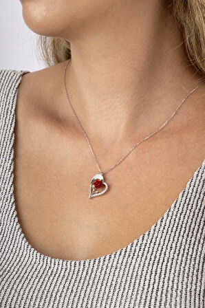 Gümüş Pazarım Beyaz Altın Kaplama Kırmızı Gül Kalp Kadın Gümüş Kolye