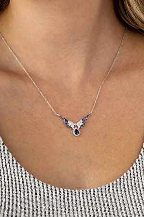 Gümüş Pazarım Lacivert Taşlı  Melek Kanadı 925 Ayar Gümüş Kadın Kolye